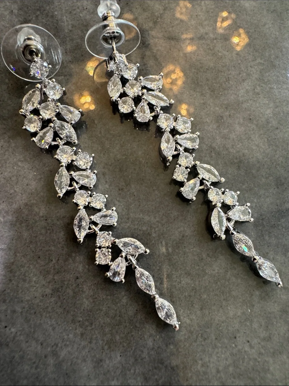 Crystal CZ Leaf Drop Earrings - Silver Tone 2.5” drop dangle - Picture 3 of 5